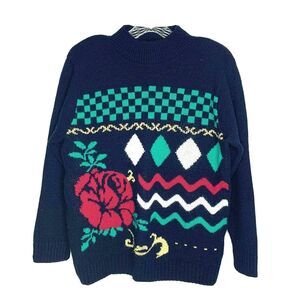 Vintage 1980s Womens Sweater Size Small Navy Blue Rose Shoulder Pads